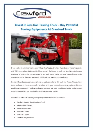 Invest In Jerr-Dan Towing Truck – Buy Powerful Towing Equipments At Crawford Truck