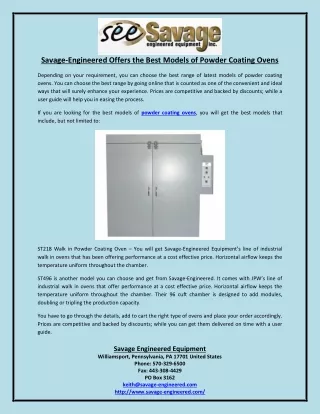 Savage-Engineered Offers the Best Models of Powder Coating Ovens
