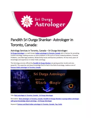 Indian Vedic Astrologer in Toronto, Canada - Sri Durga Astrologer: