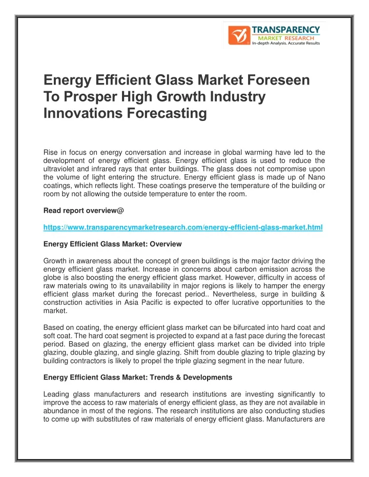 energy efficient glass market foreseen to prosper