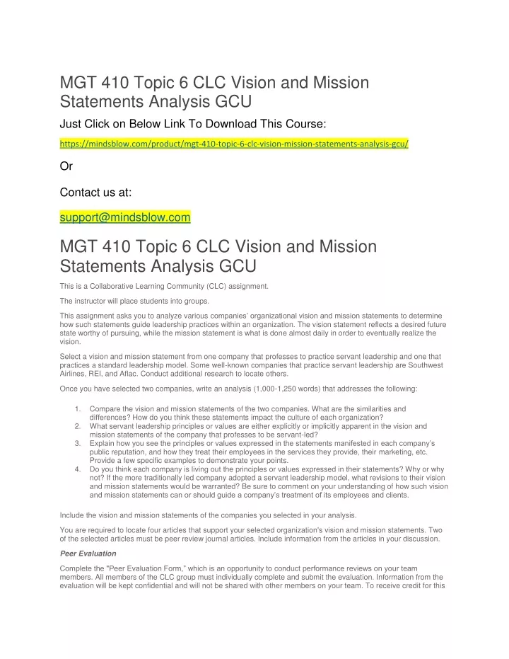 mgt 410 topic 6 clc vision and mission statements