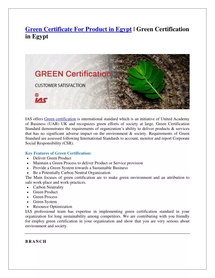 green certificate for product in egypt green