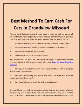 Best Method To Earn Cash For Cars In Grandview Missouri
