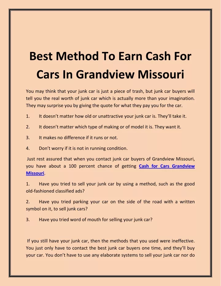 best method to earn cash for cars in grandview