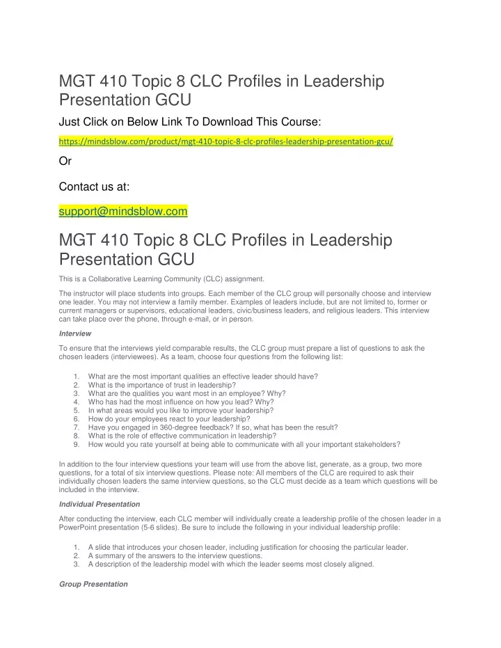 mgt 410 topic 8 clc profiles in leadership