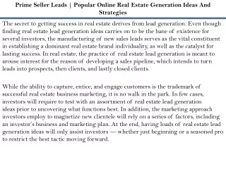 Prime Seller Leads | Popular Online Real Estate Generation Ideas And Strategies