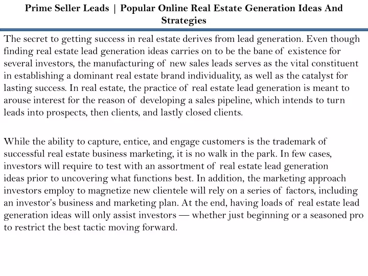 prime seller leads popular online real estate