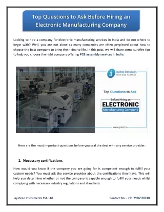 Questions Ask Before Hiring any Electronic Manufacturing Company