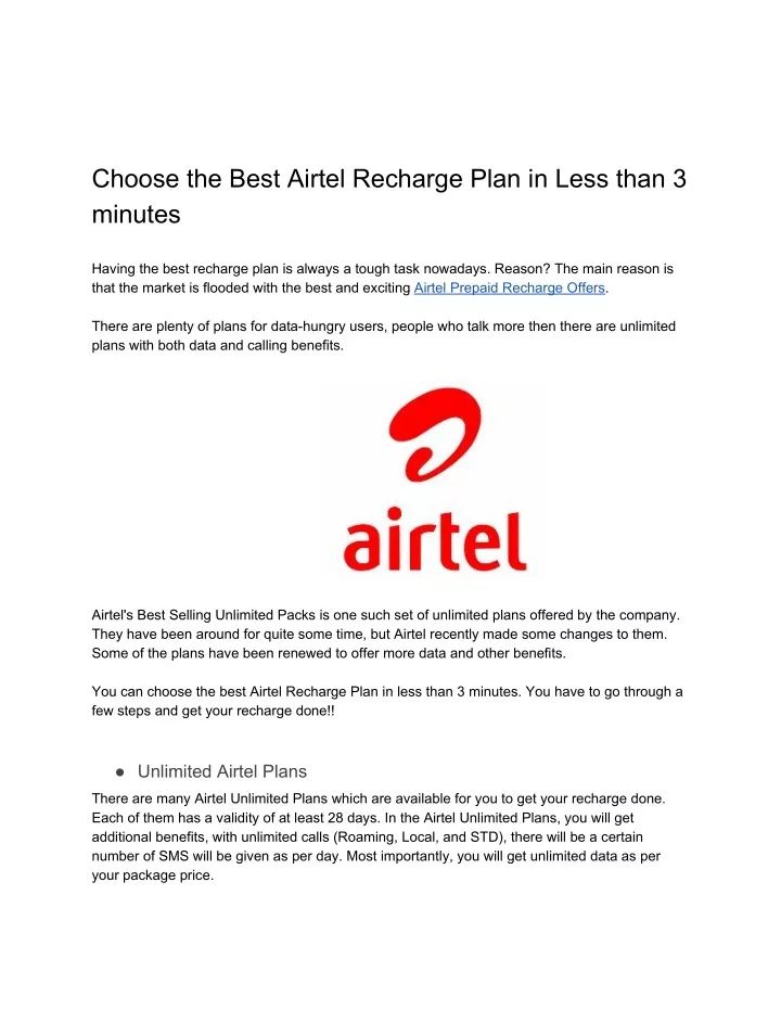 choose the best airtel recharge plan in less than