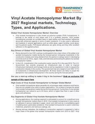 Vinyl Acetate Homopolymer Market By 2027 Regional markets, Technology, Types, and Applications.