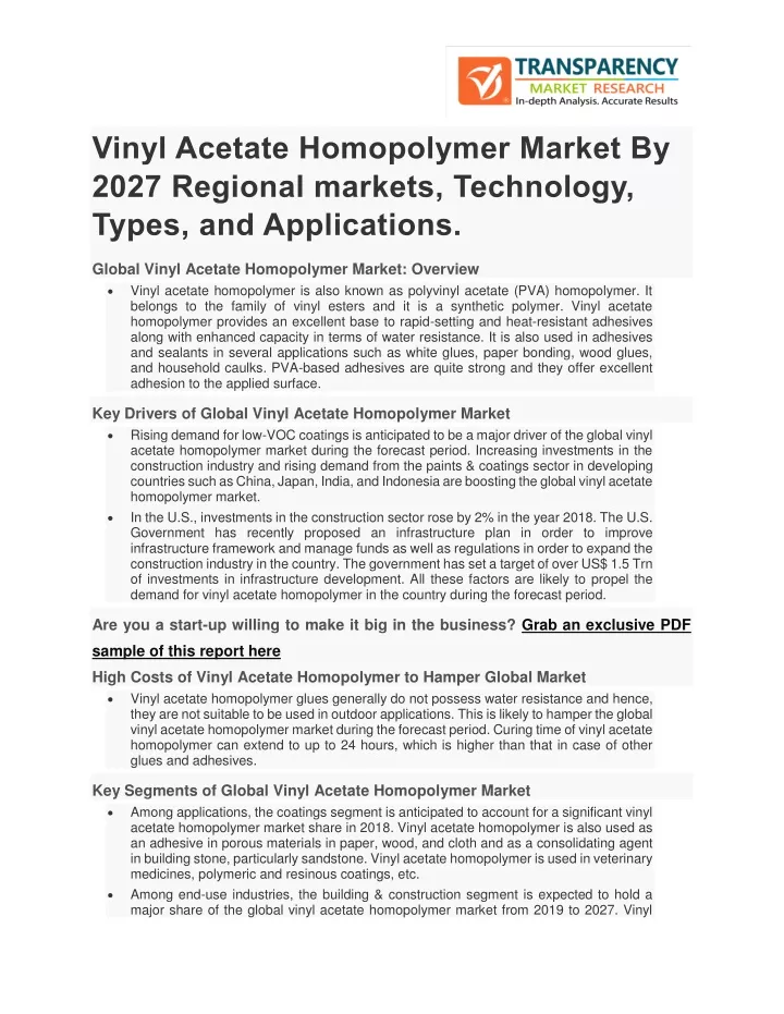 vinyl acetate homopolymer market by 2027 regional