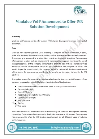 Vindaloo VoIP Announced to Offer IVR Solution Development