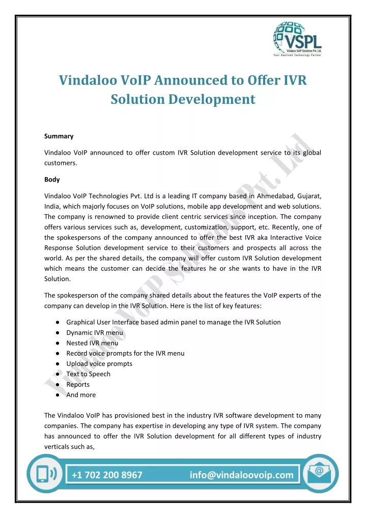 vindaloo voip announced to offer ivr solution