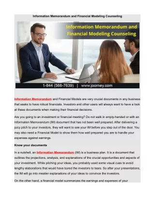 Information Memorandum and Financial Modeling Counseling