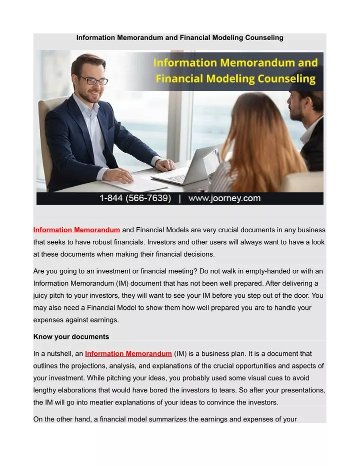 information memorandum and financial modeling