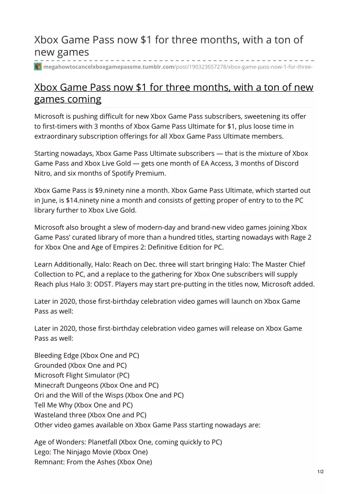 xbox game pass now 1 for three months with