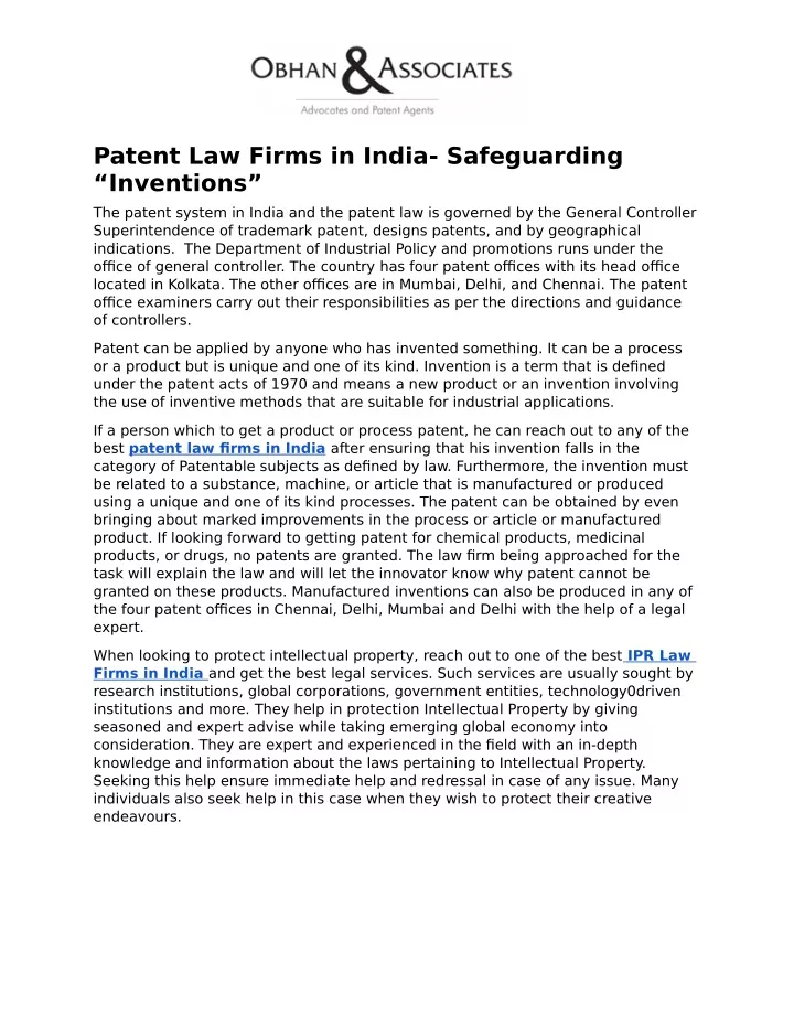 patent law firms in india safeguarding inventions