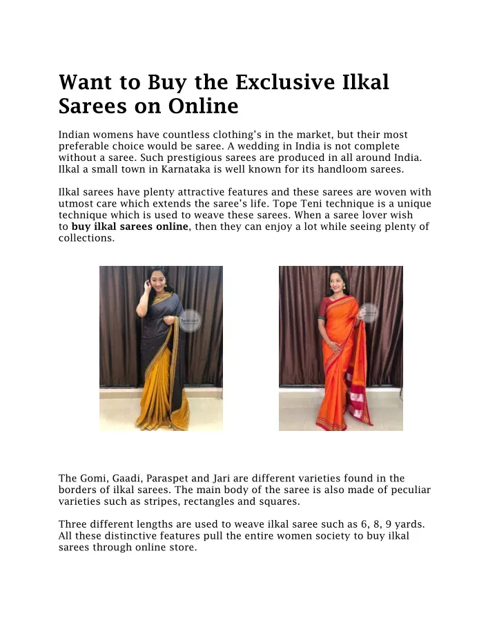 want to buy the exclusive ilkal sarees on online