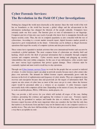 Cyber Forensic Services:  The Revolution in the Field Of Cyber Investigations