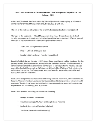Loves Cloud announces an Online webinar on Cloud Management Simplified On 12th February 2020