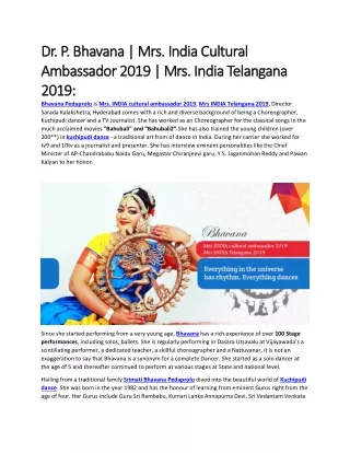 Dr. P. Bhavana | Mrs. India Cultural Ambassador 2019 | Mrs. India Telangana 2019: