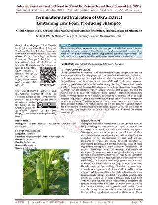 Formulation and Evaluation of Okra Extract Containing Low Foam Producing Shampoo