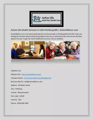 Active Life Health Services in USA Fitchburg MA | Activelifehcm.com