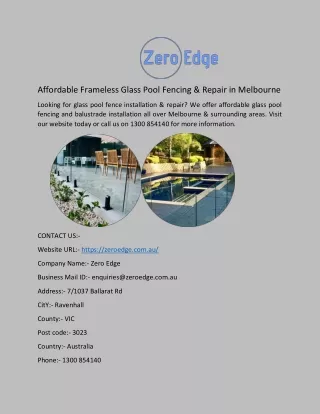 Affordable Frameless Glass Pool Fencing & Repair in Melbourne