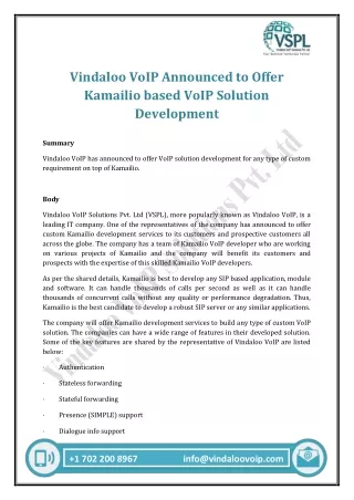 Vindaloo VoIP Announced to Offer Kamailio based VoIP Solution Development
