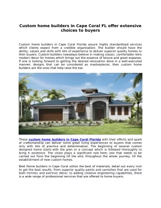 Custom home builders in Cape Coral FL offer extensive choices to buyers