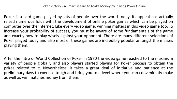 poker victory a smart means to make money by playing poker online