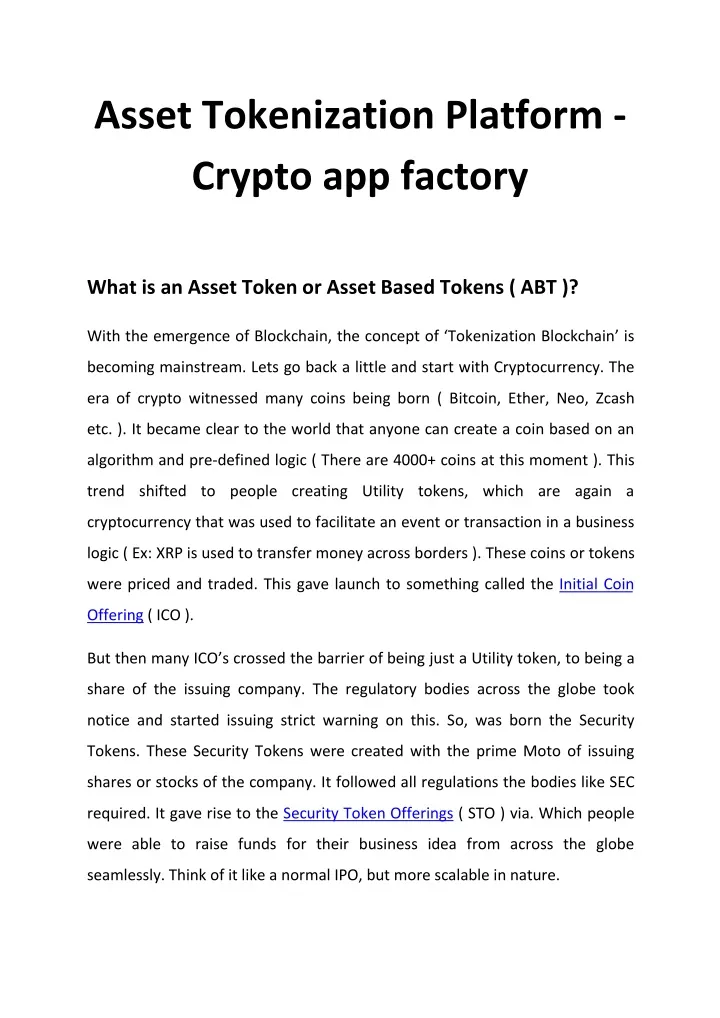 asset tokenization platform crypto app factory