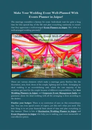 Make Your Wedding Event Well-Planned With Events Planner in Jaipur!