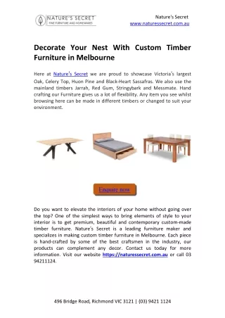Decorate Your Nest With Custom Timber Furniture in Melbourne