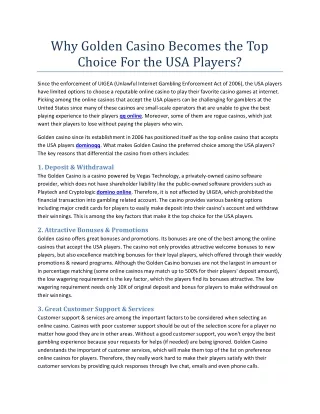 Why Golden Casino Becomes the Top Choice For the USA Players