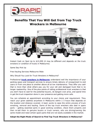 Benefits That You Will Get from Top Truck Wreckers in Melbourne