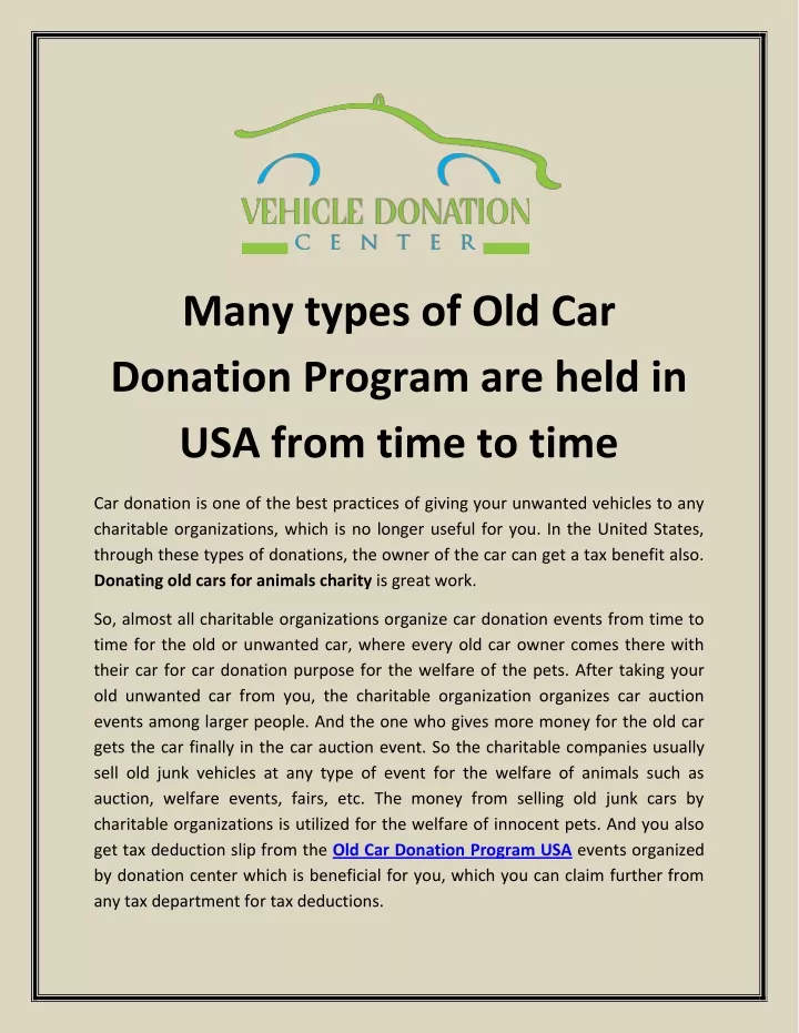 many types of old car donation program are held