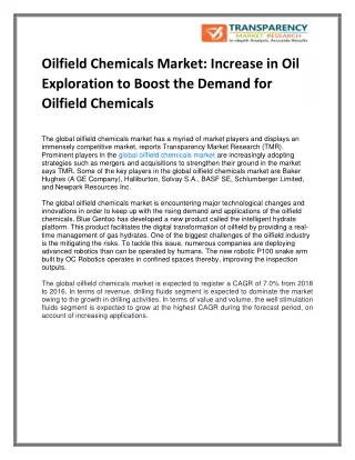 Oilfield Chemicals Market: Increase in Oil Exploration to Boost the Demand for Oilfield Chemicals