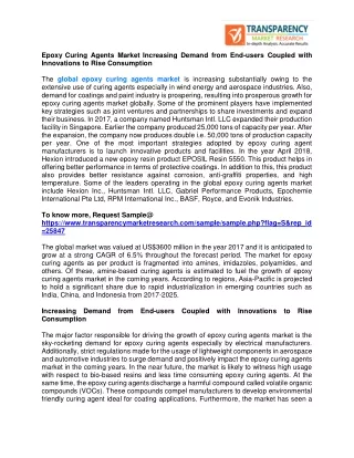 Epoxy Curing Agents Market Increasing Demand from End-users Coupled with Innovations to Rise Consumption