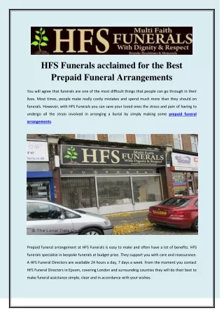 HFS Funerals acclaimed for the Best Prepaid Funeral Arrangements