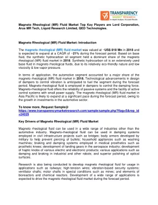 Magneto Rheological (MR) Fluid Market Top Key Players are Lord Corporation, Arus MR Tech, Liquid Research Limited, QED T