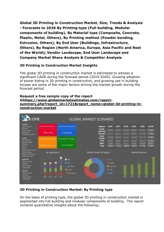 Global 3D Printing in Construction Market, Size, Trends & Analysis - Forecasts to 2026