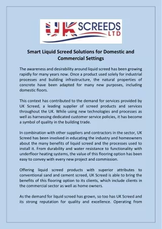 Smart Liquid Screed Solutions for Domestic and Commercial Settings