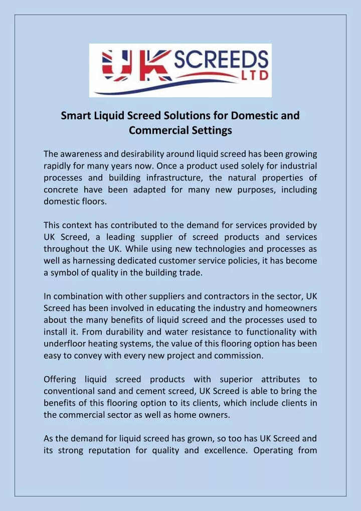 smart liquid screed solutions for domestic