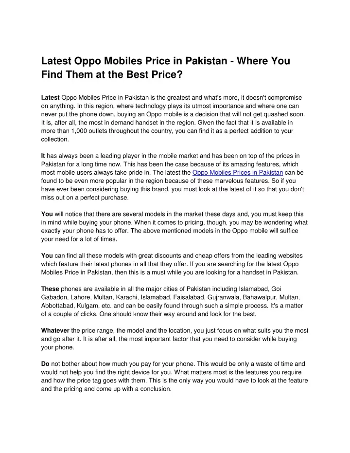 latest oppo mobiles price in pakistan where