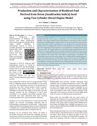 Production and Characterization of Biodiesel Fuel Derived From Neem (Azadirachta Indica) Seed Using Two Cylinder Diesel