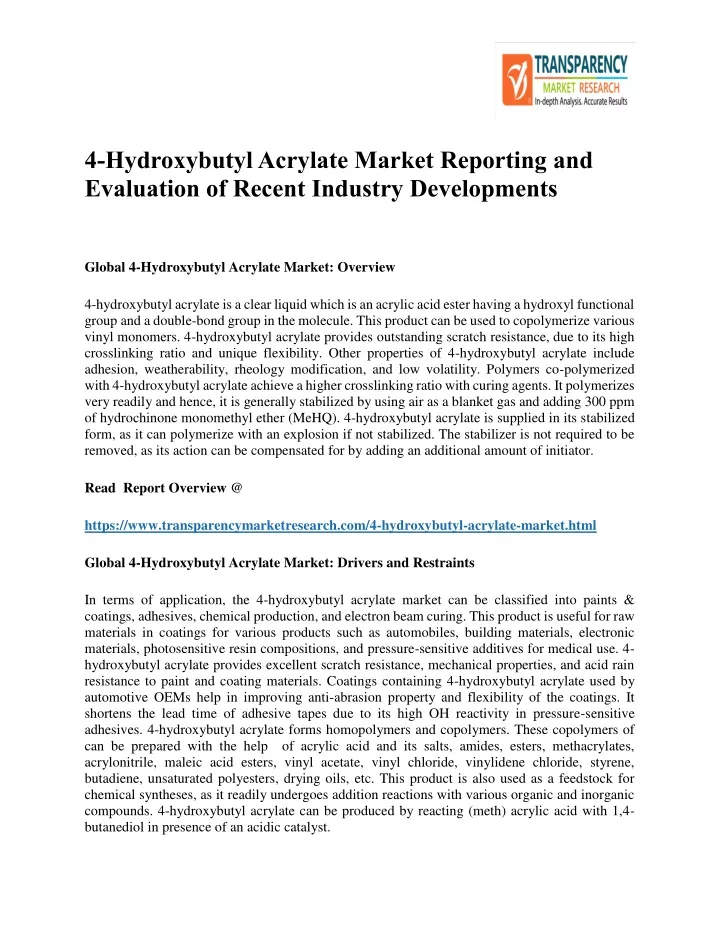 4 hydroxybutyl acrylate market reporting