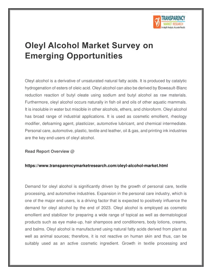 oleyl alcohol market survey on emerging