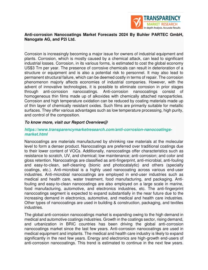 anti corrosion nanocoatings market forecasts 2024