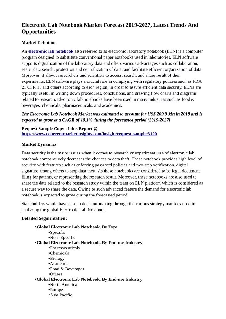 electronic lab notebook market forecast 2019 2027